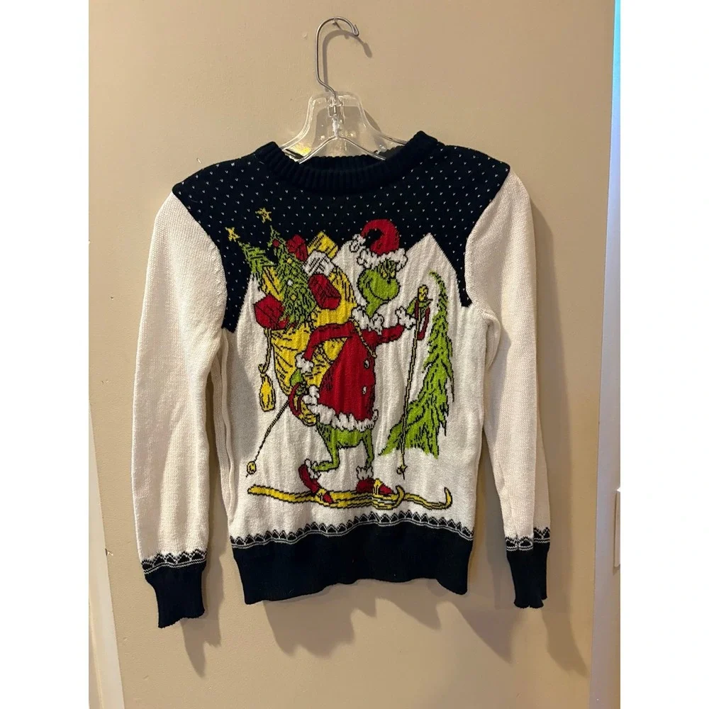Dr. Seuss The Grinch Kids Skiing Holiday Ugly Christmas Sweater White size small